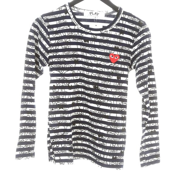 Comme Des Garçons Play S Striped LS Tee Shirt Navy‎ White Graffiti Red Heart NWT - Picture 1 of 7